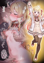 1boy 1girl :d absurdres ahoge arm_up arms_up black_thighhighs blonde_hair commentary_request fingering hair_ornament hetero highres hololive hololive_dev_is jacket kiss kokemomo_(makesound) long_hair looking_at_viewer musical_note musical_note_hair_ornament nipple_rub nipple_stimulation open_mouth otonose_kanade otonose_kanade_(1st_costume) paid_reward_available red_eyes smile sound_effects speech_bubble steam thigh_strap thighhighs uncensored virtual_youtuber white_jacket