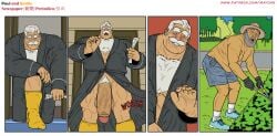 accidental_exposure bathrobe beard big_balls big_penis black_eyes blue_shorts chest_tuft comic cyan_shoes daytime detailed_background door_frame duo elderly_male emilio_(maychin) flaccid flaccid_penis four_panels grabbing_object grey_beard grey_gloves grey_hair grey_robe hat heart_eyes hedge huge_penis human kneeling_down light_skin male/male married_male maychin morning moustache muscular_male newspaper old_man old_men onomatopoeia patreon_link paul_(maychin) penis_reveal reaching_out red_background ring_on_finger road shoes sidewalk slightly_chubby_male smiling_at_another surprised surprised_expression surprised_face topless trees vegetation white_eyebrows white_pubes white_socks wind_lift yellow_footwear yellow_socks