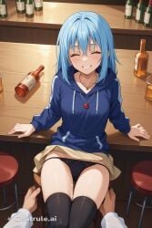 1girl 1other absurd_res ai_assisted ai_generated alcohol_bottles arms_on_table bar barstool blue_hair brown_pants bukkake doggy_style dramatic_lighting eyes_closed from_above head_down high_res hood_down hooded_sweater hoodie long_hair long_sleeves looking_at_viewer necklace panties_exposed recording resting_head rimuru_tempest sex_from_behind sitting skirt_lifted sleeping smile source_anime surrounded tensei_shitara_slime_datta_ken that_time_i_got_reincarnated_as_a_slime thigh_highs vaginal_sex visible_nipples visible_vagina yellow_eyes