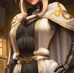 1girl 2026 2d ? absurd_res absurd_resolution absurdres ai_generated armor belt big_ass big_breasts blonde_hair breasts cape elden_ring fromsoftware gauntlets hand_on_own_hip head_out_of_frame hi_res high_quality high_resolution highres hydraulicmatingpress image indoors large_breasts needle_knight_leda patreon patreon_username shadow_of_the_erdtree sidelocks solo uncensured upper_body watermark white_cape white_cloak