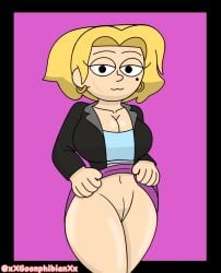 1girls amphibia amphibia_(finale) blonde_hair disney disney_channel flashing_at_viewer flashing_pussy lifting_skirt light-skinned_female light_skin looking_at_viewer pussy sasha_waybright seductive_look simple_background thick_thighs thighs white_female wide_hips yellow_hair