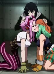ai_generated aizawa_shota aizawa_shouta angry angry_expression anime bandana belt big_breasts boku_no_hero_academia earphones emi_fukukado eraser_head_(boku_no_hero_academia) eraserhead forced_kiss forced_kissing fukukado_emi ginny_(one_piece) gloves green_hair head_grab head_grabbing headgear headwear jabbaman58 manga my_hero_academia on_knees one_piece pink_hair pushed striped_pants striped_shorts tagme video
