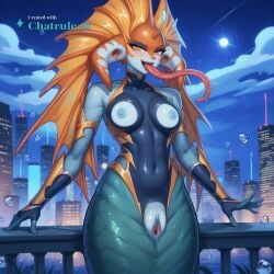 1girl against_glass ai_assisted ai_generated anthro aquatic armor bare_shoulders black_bodysuit blue_skin city cityscape clouds cowboy_shot crotchless curvy dark_theme detailed_pussy dota_2 elbow_gloves fin_ears fish_tail fishnets gloves high_contrast kagami_hirotaka koukawa_oboro long_tongue looking_at_viewer mermaid neon_lights night night_sky outdoors scales soft_shading taimanin_asagi_zero taimanin_suit thigh_gap underwater visible_pussy yellow_eyes