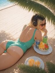 1femboy ai_generated ass black_hair blonde_hair blush bob_cut bubble_butt bulge bulge_under_clothes femboy feminine_male hannai headphones highlights lying lying_on_ground lying_on_stomach male on_stomach one-piece_swimsuit otoko_no_ko solo solo_femboy sunglasses trap