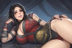 1female 1girl 1girls 2026 ai_generated artist_name big_ass big_breasts black_hair breasts brown_eyes cleavage curvy freya_(god_of_war) god_of_war god_of_war_ragnarok hand_on_hip hi_res high_quality high_resolution highres huge_ass huge_breasts large_breasts long_hair looking_at_viewer lying nail_polish on_side one_eye_closed parted_lips patreon patreon_username scar scar_across_eye scar_on_face smile solo thick_thighs thighs unjobdespiert watermark