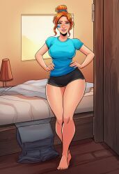 1girl ai_generated bare_legs barefoot bed bedroom black_shorts blue_shirt breasts clothing crossed_legs curvy facial_tattoo feet female freja_(overwatch) full_body green_eyes hair_bun hands_on_own_hips indoors lamp large_breasts lips looking_at_viewer narrow_waist on_bed orange_hair overwatch scrunchie shirt short_shorts shorts single_hair_bun smile solo standing t-shirt taut_clothes taut_shirt thick_thighs thigh_gap thighs watson_cross wide_hips window
