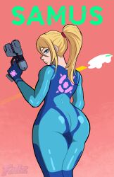 blonde_hair blue_eyes fallzart fat_ass gun looking_at_viewer looking_back metroid pose samus_aran suit zero_suit_samus