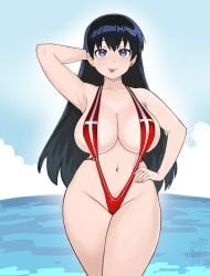 arato_nagi big_breasts black_hair ocean ruri_no_houseki ruri_rocks sling_bikini watcher_hollow wide_hips
