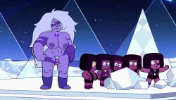 amethyst_(steven_universe) edit gem large_breasts muscular_female naked naked_female pubic_hair purple_body purple_nipples ruby_(gem_species) ruby_doc screenshot_edit steven_universe sweating vibrator vibrator_in_pussy yenvudu