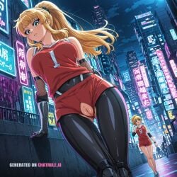1girl ai_assisted ai_generated armor bare_shoulders black_bodysuit blonde_hair city cityscape clouds cowboy_shot crotchless curvy dark_theme detailed_pussy elbow_gloves elbow_pads fishnets gloves green_eyes gym_shorts high_contrast kagami_hirotaka kneepads koukawa_oboro looking_at_viewer neon_lights night night_sky outdoors red_shirt red_shorts sleeveless_shirt sneakers soft_shading sportswear taimanin_asagi_zero taimanin_suit thigh_gap visible_pussy volleyball_uniform white_footwear