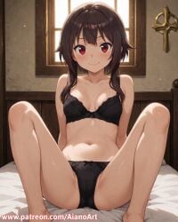 1girl ai_generated aianoart barefoot black_bra black_panties blush bra breasts brown_hair collarbone indoors kono_subarashii_sekai_ni_shukufuku_wo! looking_at_viewer megumin navel on_bed panties red_eyes sitting small_breasts smile solo spread_legs underwear underwear_only window
