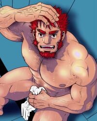 1boy abs after_bath bara beard beefy biceps big_hands blue_background breasts broad_shoulders chest_hair collarbone completely_nude covering covering_crotch daddy dilf fate/grand_order fate_(series) frown gay hand_on_head high-angle_view hunk iskandar_(fate) laugh legs_apart looking_at_viewer looking_up male male_breasts male_only manly mature_male middle_aged moobs muscles muscular muscular_arms muscular_legs muscular_male muscular_thighs no_visible_genitalia nude pecs red_eyes red_hair short_hair sitting solo spiky_hair thick thick_arms thick_eyebrows tough_guy towel towel_only tsukasa_mat veiny_arms wet wet_body wrinkles yaoi