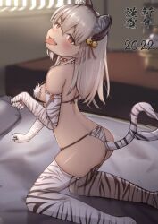 2022 akeome animal_ears ass bell bikini blurry blurry_background chinese_zodiac depth_of_field elbow_gloves fangs female from_side gloves hair_bell hair_ornament happy_new_year jingle_bell long_hair looking_at_viewer looking_to_the_side nengajou new_year on_bed original paw_pose red_eyes smile sukoyasu_r swimsuit tail thighhighs tiger tiger_ears tiger_stripes tiger_tail tongue tongue_out white_gloves white_hair white_legwear white_tiger year_of_the_tiger