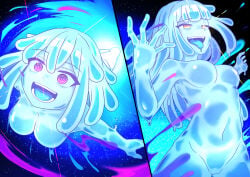 2girls :d absurdres blue_skin breasts colored_skin commentary_request corruption cowboy_shot crazy_eyes highres long_hair medium_breasts monster_girl multiple_girls navel no_nipples no_pussy nude original pink_eyes ringed_eyes slime_girl slime_hair slimification smile suirium0723 tongue tongue_out transformation yellow_eyes