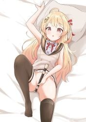 1girl absurdres ahoge blonde_hair blush commentary dress flute hair_ornament hair_ribbon highres hololive hololive_dev_is instrument jacket long_hair multicolored_hair musical_note musical_note_hair_ornament no_panties one_side_up open_mouth otonose_kanade qz recorder red_eyes red_ribbon ribbon shirt solo thighhighs virtual_youtuber