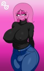 1futa artist_logo black_sweater blue_pants bulge futa_only futanari jeans milf nipple_outline pink_fur puffle puffle_jenny_(puffledreemurr) puffledreemurr turtleneck_sweater