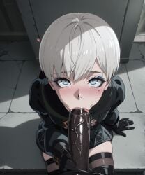 2boys ai_generated big_penis black_outfit blowjob blue_eyes blush blushing city cock dark-skinned_male dark_skin drool fellatio femboy hi_res holding holding_cock interracial looking_at_viewer looking_up makeup nier:_automata nsfw outfit pov ruins skirt thighhighs thighs tongue veiny veiny_penis watermark white_hair xland yorha_9s
