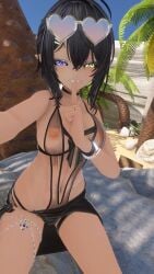 beach bikini black_hair black_sclera booth_babe corrin_asumi finger_to_mouth heterochromia nipples_visible_through_clothing purple_eye purple_nails see-through_swimsuit sitting smug vrchat vrchat_avatar yellow_eye