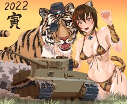 2022 animal_ears animal_print arm_warmers bangs bikini black_headwear breasts brown_eyes brown_hair chinese_zodiac choker claw_pose cleavage commentary_request emblem eyepatch fake_animal_ears fake_tail fangs female female fingernails front-tie_bikini front-tie_top garrison_cap girls_und_panzer grass ground_vehicle halterneck hat highres jewelry kuromorimine_(emblem) kuromorimine_military_uniform large_breasts looking_at_viewer military military_hat military_vehicle motor_vehicle navel new_year nishizumi_maho open_mouth orange_background orange_bikini orange_choker partial_commentary pendant print_bikini print_choker sharp_fingernails short_hair side-tie_bikini smile solo standing string_bikini swimsuit tail tank tiger tiger_ears tiger_i tiger_print tiger_tail tigern_(tigern28502735) translated year_of_the_tiger