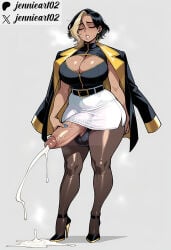 1futa 1futanari 1girl ai_generated artist_name belt belt_buckle black_belt black_footwear black_hair black_jacket black_pantyhose black_shirt blonde_hair blue_nails breasts brown_pantyhose cleavage cleavage_cutout closed_eyes clothing clothing_cutout coat_on_shoulders cum curvy dark-skinned_futa dark_skin domina ejaculation english_text erection full_body futa_only futanari futanari_masturbation grey_background high-waist_skirt high_heels huge_breasts huge_penis intersex intersex_only jacket jacket_on_shoulders jennieart02 large_breasts large_penis large_testicles masturbation miniskirt mole mole_under_eye multicolored_hair nail_polish pantyhose parted_lips patreon patreon_logo patreon_username pencil_skirt penis projectile_cum pumps shirt short_hair simple_background skirt sleeveless solo standing streaked_hair testicles thick_thighs thighs twitter twitter_username two-tone_hair veins veiny_penis watermark white_skirt