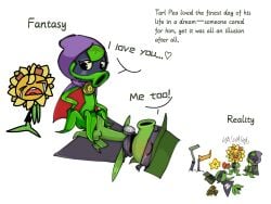 cloak crying dream fan_character goggles green_body green_shadow_(pvz) mask peashooter_(pvz) plant_boy plant_girl plants_vs_zombies plants_vs_zombies:_heroes pointing riding_crop sad solar_flare_(pvz) straddling sunflower_(pvz)