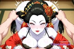 1girl ai_assisted ai_generated big_ass bouncing_breasts bra_down detailed_background detailed_face doggy_style fucked_into_submission fucked_silly heart_eyes heart_shaped_pupils highly_detailed kanzashi make_up pov red_lips seductive_look seductive_smile thicc_ass thicc_thighs torn_clothes vaginal_sex wants_to_fuck white_skin wide_hips