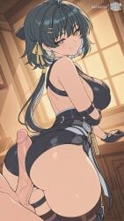 ai_assisted ai_generated ass ass_focus assjob back_view bare_shoulders bent_over big_breasts black_hair breasts butt butt_focus buttjob curvy curvy_body curvy_female female_rover_(wuthering_waves) from_behind large_breasts looking_back moonwool_branch revealing_clothes rover_(wuthering_waves) seductive seductive_eyes seductive_look seductive_mouth seductive_pose seductive_smile short_hair smile smiling standing thick_ass thick_thighs thighhighs thighs uncensored wuthering_waves yellow_eyes