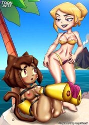 2girls anthro barefoot bbmbbf beach blush bondage bra breasts domestic_cat feet feline female female/female female_only furry gameoverse glitch_productions human kit_(gameoverse) kit_bodega miss_information_(gameoverse) nipples nude open_mouth palcomix pussy rope rope_bondage teeth tongue toon.wtf underwear yuri