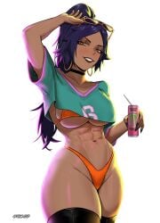 1girls abs arm_behind_head artist_name big_breasts bikini bikini_bottom bikini_top black_lips black_lipstick black_nail_polish black_nails black_thighhighs bleach blush bottomwear breasts brown_eyes brown_hair choker cosplay drink ear_piercing earrings female female_only grand_theft_auto_vi green_shirt gta_vi_cover_girl hair half-closed_eyes hips holding_drink holding_object hoop_earrings legwear lips lipstick muscular nail_polish nails neckwear orange_bikini pose posing purple_hair shihouin_yoruichi shirt solo solo_female sunglasses sunglasses_on_head swimwear thick_thighs thighhighs thighs thojad tied_hair topwear