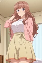 1girl :o ai_generated akagawa_chisa blunt_bangs blush breasts brown_hair curtains digitalwaifugallery hand_in_own_hair hi_res high_quality high_resolution indoors jacket large_breasts long_hair open_mouth patreon pink_jacket purple_eyes seductive sexy shirt skirt solo standing twitter_username uncensored watermark wavy_hair white_shirt yellow_skirt