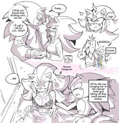 1boy 1girls big_breasts blush chest_tuft cold_sweat dialogue drunk english_text eulipotyphlan hangover in_bed junisnowhere lingerie milf no_nudity older_female older_female_and_younger_male rainbow_vomit revealing_clothes rule_63 shade_the_hedgehog shadow_the_hedgehog shiny_breasts sleeping sonic_(series) sonic_the_hedgehog sonic_the_hedgehog_(series) speech_bubble thought_bubble vomit waking_up waking_up_together younger_male