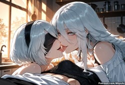 2b_(nier:automata) 2girls ai_assisted ai_generated bare_shoulders black_blindfold black_hairband blindfold blue_eyes bra breasts building couple curvaceous curvy curvy_female curvy_figure female hairband licking miyuai mole mole_under_mouth multiple_girls nier nier:automata nier_(series) off_shoulder saliva short_hair shorts silver_hair tank_top thick thick_ass thick_butt thick_hips thick_legs thick_thighs tongue underwear voluptuous voluptuous_female wide_hips wide_thighs yorha_2b yorha_a2 yorha_no._2_type_b