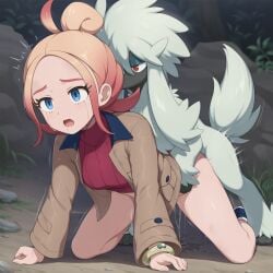 1boy 1girls ai_generated all_fours blue_eyes bottomless clothed_sex doggy_style furfrou gradient_hair mega_ring open_mouth orange_hair outdoors parkinson_(ai_artist) partially_clothed pokemon pokemon_legends:_z-a pokephilia pussy_juice rape red_hair sex taunie_(pokemon) tears