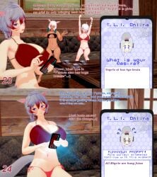 3d 3girls alisaie_leveilleur bikini cat_ears cat_tail commission elezen english_text final_fantasy final_fantasy_xiv gray_hair huge_breasts koikatsu miqo'te oc original_character phone reality_warping swimsuit text white_hair xavierhuge y'shtola_rhul yae_yoshizawa