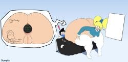 anal_plug autograph beret big_ass bigger_female blonde_hair blue_shirt blue_sweater blushing bottom_heavy bottomless braces breasts dorkzone dumplis_(artist) freckles_on_ass glasses highres homestuck john_egbert large_ass looking_back nerd oc presenting_ass pussy size_difference small_breasts smiling stockings surprised thick_thighs twintails white_skin