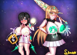 2girls alternate_breast_size alternate_costume big_breasts black_hair blonde blonde_female blonde_hair blue_eyes breasts breasts_out colored_nipples costume_switch cute green_nipples huge_breasts kingdom_hearts kingdom_hearts_358/2_days kingdom_hearts_iii lactation large_areolae large_nipples light milk milk_squirt mythra mythra_(cosplay) mythra_(xenoblade) outfit_swap powers projectile_lactation shockstar swapped_clothes unusual_anatomy xenoblade_(series) xenoblade_chronicles_(series) xenoblade_chronicles_2 xion yellow_nipples