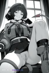 1girl ai_assisted ai_generated beautiful day dress fingerless_gloves general grayscale grin high_contrast highres indoors looking_at_viewer no_nose perfect_anatomy pussy sharp_teeth sitting_on_chair slit_pupils smug socks tail upskirt_view