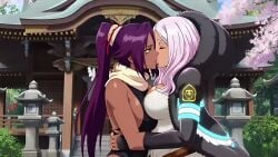 ai_generated animated animation anime big_breasts bleach bleach:_the_thousand-year_blood_war blue_eyes cherry_blossom cherry_blossoms closed_eyes crossover dark-skinned_female embrace female_only fire_force fur_coat hair_ribbon jabbaman58 jacket kissing manga outdoors pink_hair ponytail princess_hibana purple_hair romantic scarf sensual serene shihouin_yoruichi shinigami shrine tagme video yellow_eyes yuri