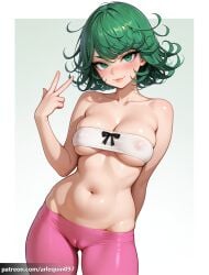 1girl ai_generated alternate_breast_size arlequin097 arm_behind_back bandeau bare_shoulders blush breasts cameltoe cleavage closed_mouth collarbone covered_nipples cowboy_shot curly_hair flipped_hair green_eyes green_hair hand_up large_breasts lips looking_at_viewer medium_breasts navel one-punch_man pants patreon_logo patreon_username pink_pants see-through short_hair simple_background skindentation smile solo standing stomach strapless tatsumaki tight_clothes tight_pants tube_top underboob v w white_background yoga_pants