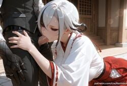 1boy 1girl ai_generated arlecchino_(genshin_impact) black_eyes black_gloves black_hair black_pants black_vest blush breasts censored clothed_sex erection fellatio genshin_impact gloves hair_between_eyes hakama hakama_skirt hetero japanese_clothes kermixx kimono large_breasts long_hair long_sleeves miko mosaic_censoring multicolored_hair oral pants patreon_username penis penis_out red_hakama red_pupils ring saliva skirt solo_focus streaked_hair sweat symbol-shaped_pupils tongue uncensored vest white_hair white_kimono wide_sleeves x-shaped_pupils