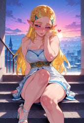 1girl 1girls ai_generated balecxi bangs bare_legs bare_shoulders belt blonde_hair blue_eyes blue_sky blush braid breasts building city cityscape cleavage closed_mouth clothing cloud cloudy_sky collarbone convenient_leg crown_braid curvaceous curvaceous_female curvaceous_figure curvy curvy_figure dress dusk evening feet female female_focus female_only foot_out_of_frame forehead gradient_sky hair_ornament hairclip half-closed_eyes hand_on_own_cheek hand_on_own_face hand_up high_heels hylian jewelry knee_up legs lips long_hair looking_at_viewer medium_breasts nintendo outdoors parted_bangs platform_footwear pointy_ears princess princess_zelda railing sandals short_dress sitting sitting_on_stairs sky sleeveless sleeveless_dress smile solo spaghetti_strap stairs strappy_heels sun sundress sunlight sunrise sunset the_legend_of_zelda the_legend_of_zelda:_breath_of_the_wild the_legend_of_zelda:_tears_of_the_kingdom thick_eyebrows thighs toeless_footwear toenail_polish toenails toes triforce voluptuous voluptuous_female white_dress white_footwear zelda_(breath_of_the_wild)