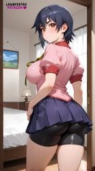 ai_generated bakemonogatari bedroom bob_cut booty_shorts cleavage female kanbaru_suruga lewdfeetai solo sweat thick