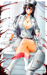 1girls bambietta_basterbine big_breasts black_hair bleach bleach:_the_thousand-year_blood_war blush breasts cleavage clothed clothing crossed_legs eyebrows eyelashes female female_focus female_only hair_between_eyes hat huge_breasts iknsk large_breasts light-skinned_female light_skin long_hair military_uniform panties partially_unbuttoned purple_hair showing_panties skirt smile solo solo_female solo_focus thick_thighs thighs