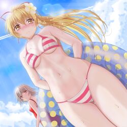 2girls bikini blonde_hair breasts commentary_request day dutch_angle female flower from_below fujimiya_nozomi h.i.t_(59-18-45) hair_flower hair_ornament highres innertube long_hair medium_breasts multiple_girls navel one-piece_swimsuit orange_eyes photoshop_(medium) ponytail revision short_hair silver_hair small_breasts striped striped_bikini swimsuit tsukishiro_hikari underboob wind_a_breath_of_heart yellow_eyes