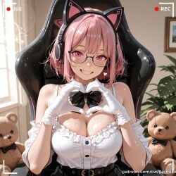 1girl ai_generated animal_ear_headphones animal_ears armchair armpit_crease bare_shoulders belt black-framed_eyewear black_belt black_bow black_bowtie black_skirt blush bow bowtie breasts buckle buttons cat_ear_headphones cat_ears chair cleavage collar curtains day detached_collar detached_sleeves fake_animal_ears frilled_shirt frilled_sleeves frills gaming_chair glasses glint gloves grin hands_up headphones heart heart_hands indoors kermixx large_breasts lens_flare light_particles looking_at_viewer off-shoulder_shirt off_shoulder office_chair on_chair picture_frame pink_eyes pink_hair pink_lips plant recording round_eyewear semi-rimless_eyewear shirt short_hair short_sleeves sitting skirt smile solo stuffed_animal stuffed_toy sunlight sweat swivel_chair symbol_in_eye teddy_bear teeth tsukishiro_yanagi under-rim_eyewear upper_body viewfinder white_gloves white_shirt window zenless_zone_zero