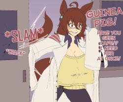 1girl agnes_tachyon_(umamusume) animal_ears breast_expansion critnuke dialogue horse_ears huge_breasts nipple_bulge solo tail torn_clothes umamusume umamusume_pretty_derby
