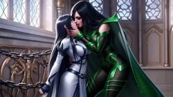 ai_generated animated animation anime big_breasts black_hair brunhilde brunhilde_(shuumatsu_no_valkyrie) cape chained_up chains daytime dominant_female dominatrix face_grab french_kiss french_kissing green_eyes headwear heels height_difference hela hela_(marvel) jabbaman58 kissed kissing leash leash_and_collar long_hair manga marvel marvel_comics morning on_all_fours on_knees palace record_of_ragnarok shuumatsu_no_valkyrie size_difference tagme tongue_out valkyrie video voluptuous women_only yuri