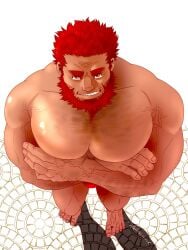 1boy arm_hair bara beard beefy biceps big_hands breasts breasts_bigger_than_head broad_shoulders chest_hair collarbone crossed_arms daddy dilf fate/grand_order fate_(series) frown gay hi_res high-angle_view huge_breasts hunk iskandar_(fate) looking_at_viewer looking_up male male_breasts male_only manly mature_male middle_aged moobs muscles muscular muscular_arms muscular_male no_nipples no_visible_genitalia oppai pecs red_eyes red_hair seductive short_hair smirk solo standing thick thick_arms thick_eyebrows tiled_floor topless tough_guy tsukasa_mat veiny_arms veiny_feet white_background wrinkles yaoi