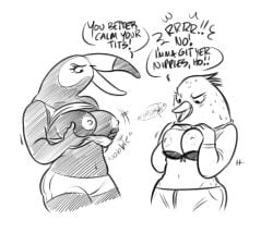 2019 anthro avian beak bertie bird black_and_white bottomwear bra bra_down breast_jiggle breasts clothed clothing dangusta dialogue duo english_text exposed_breasts female hand_on_breast hi_res holding_breast jiggling monochrome netflix nipples oscine partially_clothed passerine shorts sketch text thrush_(bird) toucan tuca tuca_and_bertie underwear