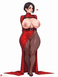 1girl ada_wong ai_generated arms_behind_back belt black_belt black_eyes black_hair black_pantyhose blush boobs breasts breasts_out brown_pantyhose cleft_of_venus curvy explicit full_body heart huge_ass huge_breasts juswa large_areolae large_ass large_breasts lips long_skirt looking_to_the_side mature_female narrow_waist nipples no_bra no_panties no_shoes pantyhose pussy questionable red_sweater short_hair simple_background skirt smile solo standing sweater thicc thick_thighs thighs white_background wide_hips